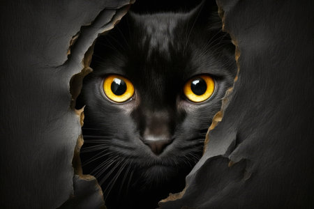 Black cat with yellow eyes looking out of hole in the paper. Generative AI.の素材