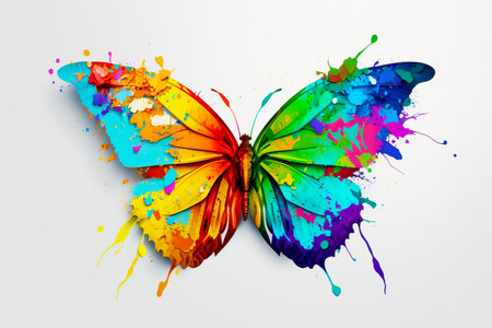Colorful butterfly with lots of paint splatters on it's wings. Generative AI.の素材