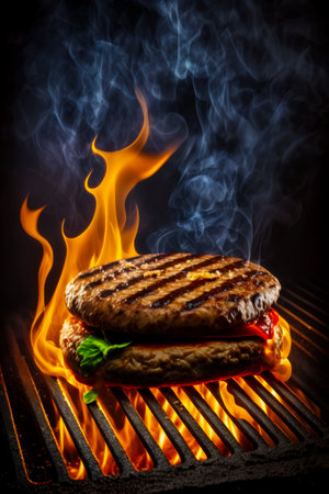 Hamburger on grill with flames and smoke coming out of the grill. Generative AI.の素材