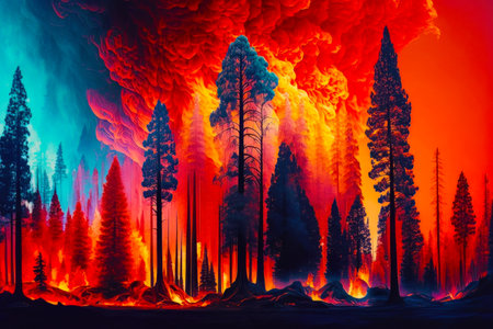 Image of forest filled with red, orange, and blue clouds. Generative AI.の素材