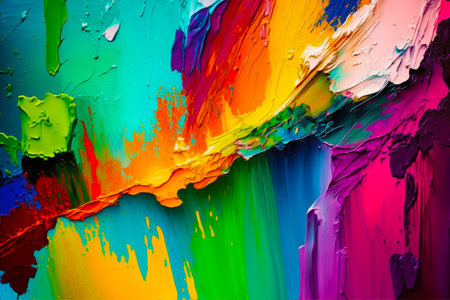 Close up of multicolored painting with lots of paint splattered on it. Generative AI.の素材