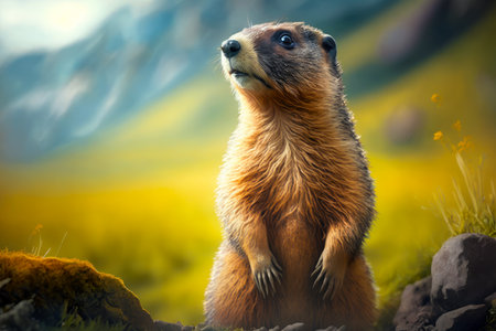 Image of groundhog standing on its hind legs and looking up. Generative AI.の素材
