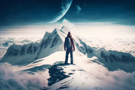 Man standing on top of snow covered mountain looking at the sky. Generative AI.の素材