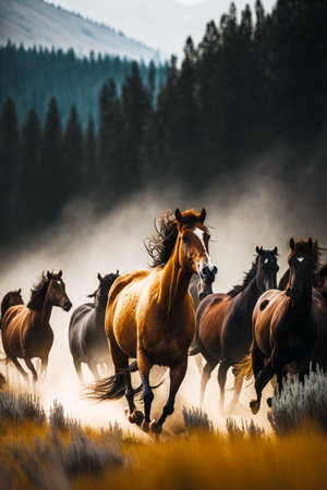 Herd of horses running across field next to forest on foggy day. Generative AI.の素材