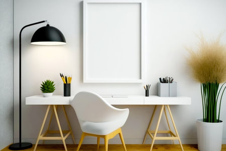 White desk with chair and picture frame on top of it. Generative AI.の素材