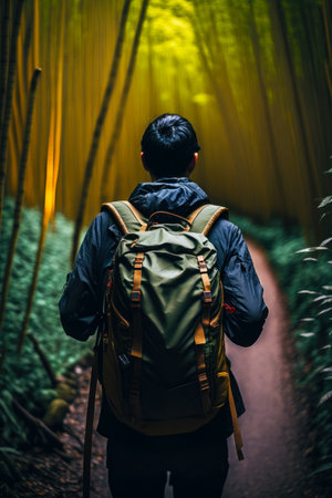 Man with backpack walking down path in bamboo forest at night. Generative AI.の素材