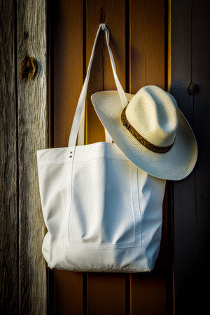 White tote bag with hat hanging on wooden door handle. Generative AI.の素材
