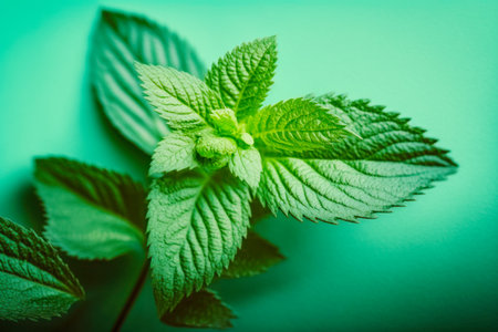 Close up of green leaf on blue surface with green background. Generative AI.の素材