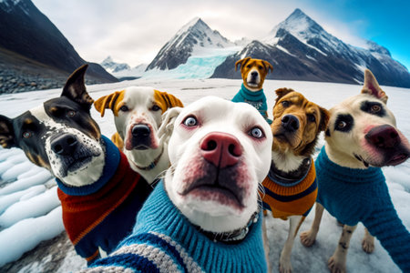 Group of dogs wearing sweaters standing in front of mountain range. Generative AI.の素材