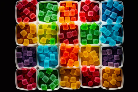 Close up of tray of gummy bears on black background. Generative AI.の素材
