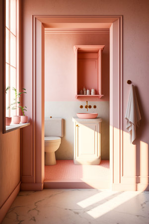 Bathroom with sink, toilet, and shelf with potted plant. Generative AI.の素材
