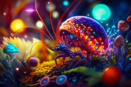 Close up of small toy insect on mossy surface with lights in the background. Generative AI.の素材
