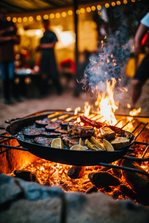 Grill with bunch of food cooking on it's grill top. Generative AI.の素材