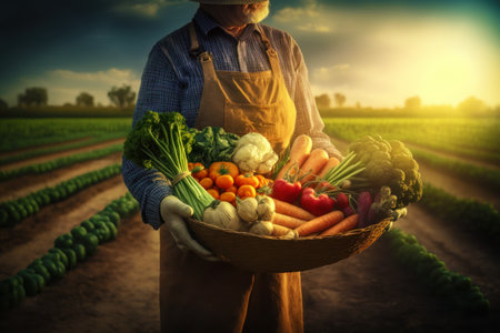 Man holding basket filled with lots of different types of fruits and vegetables. Generative AI.の素材