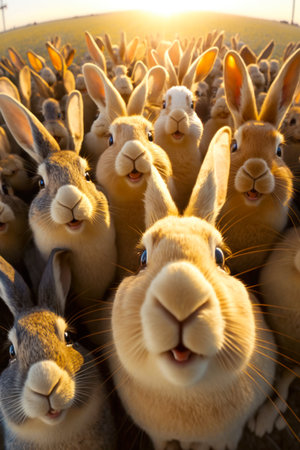 Group of rabbits standing next to each other in the middle of crowd. Generative AI.の素材