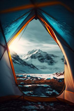 View of snowy mountain from inside tent with view of the ground. Generative AI.の素材
