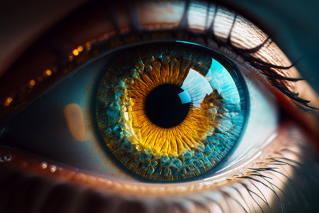 Close up of blue and yellow eye with black circle around the iris. Generative AI.の素材