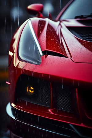 Close up of the front of red sports car in the rain. Generative AI.の素材