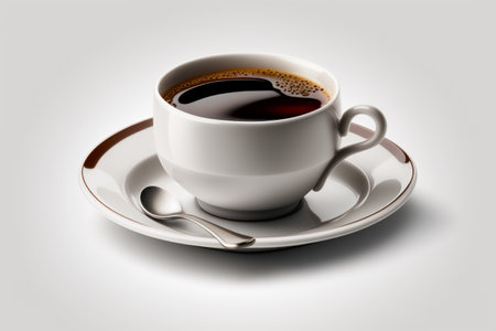 Cup of coffee sitting on top of saucer with spoon. Generative AI.の素材