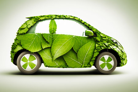 Green car with leafy leaves on it's side and white background. Generative AI.の素材
