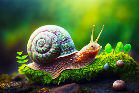 Snail sitting on top of green moss covered ground next to rocks. Generative AI.の素材