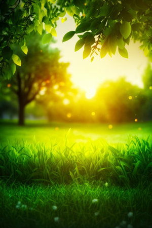 The sun shines brightly through the leaves of tree in park. Generative AI.の素材