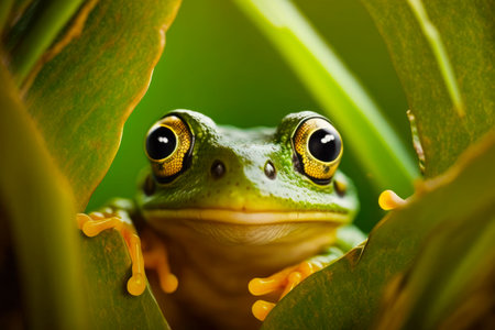 Close up of frog on plant with green leaf in the background. Generative AI.の素材