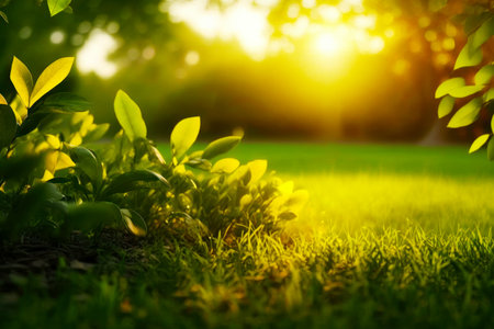 The sun shines brightly through the leaves of plant in the grass. Generative AI.の素材