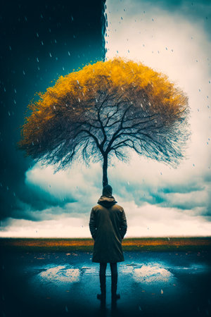 Man standing in front of tree in the rain. Generative AI.の素材