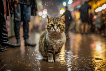 Cat is standing in the rain on crowded street. Generative AI.の素材