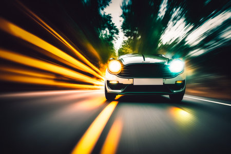 An image of car speeding down the road. Generative AI.の素材