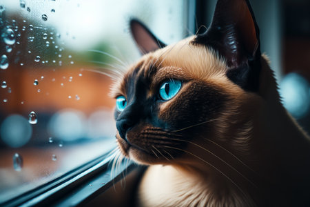 Close up of cat looking out of window with water droplets on it. Generative AI.の素材