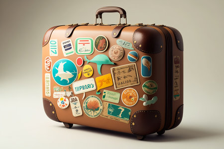 Piece of brown luggage with stickers and tags on the side of the suitcase. Generative AI.の素材