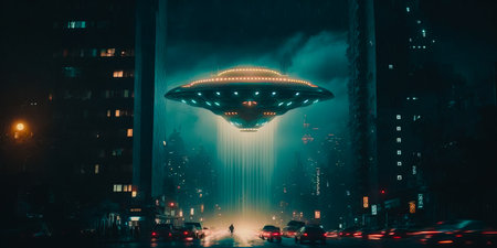 An alien spaceship flying over city at night. Generative AI.の素材