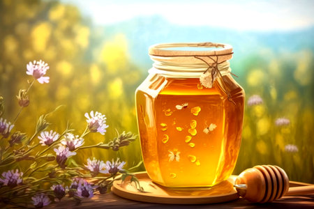 Jar of honey and flowers on wooden table. Generative AI.の素材