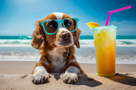 Dog with sunglasses and drink on the beach. Generative AI.の素材