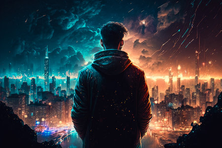 Man standing in front of cityscape with sky full of clouds. Generative AI.の素材