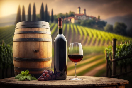 Glass of wine and barrel of wine in front of vineyard. Generative AI.の素材