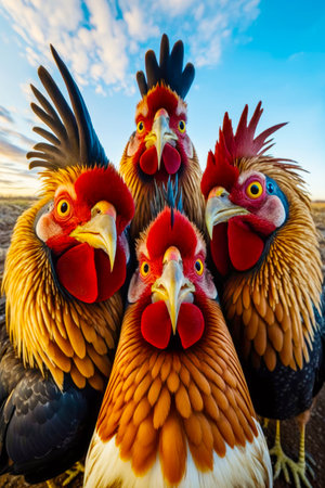 Group of four roosters standing next to each other on field. Generative AI.の素材