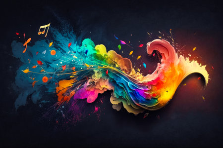 Colorful image with musical notes and music notes. Generative AI.の素材