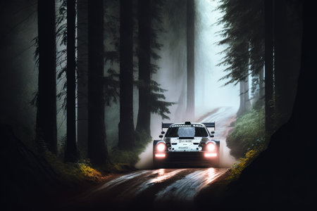 Car driving through the woods on foggy night. Generative AI.の素材