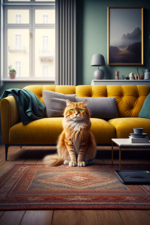 Cat sitting on rug in front of yellow couch in living room. Generative AI.の素材