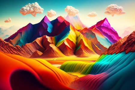 Image of mountain range with rainbow hued mountain range in the background. Generative AI.の素材