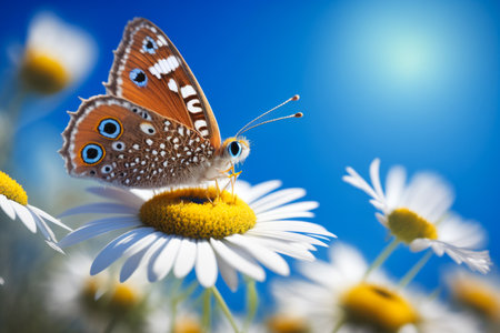Butterfly sits on daisy with blue sky in the background. Generative AI.の素材