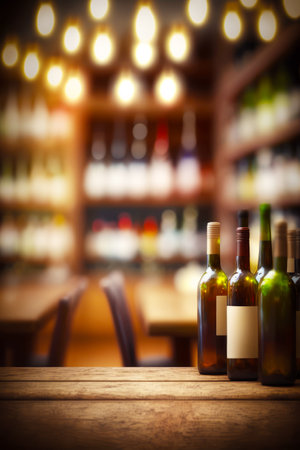 Three bottles of wine sitting on table in room with blurry background. Generative AI.の素材