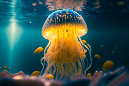 Jellyfish swimming in the water with its head above the water's surface. Generative AI.の素材