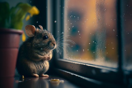 Small rodent sitting on window sill looking out of rainy window. Generative AI.の素材