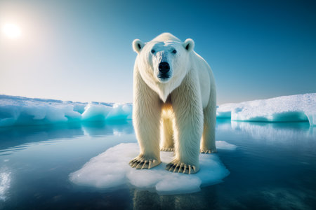 Large white polar bear standing on top of ice floet in the ocean. Generative AI.の素材