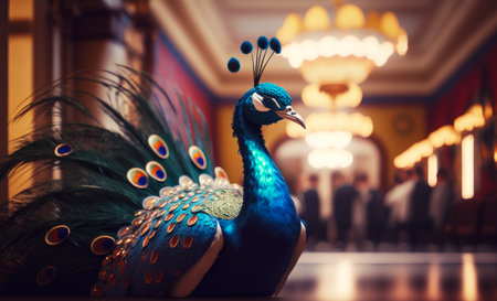 Close up of peacock on table in room with chandelier. Generative AI.の素材