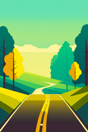 road in the middle of green field with trees. Generative AI.の素材